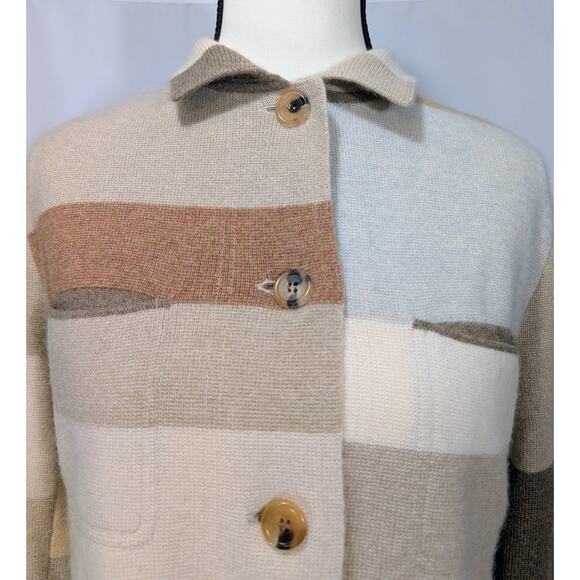 Neiman Marcus 100 Cashmere Colorblock Cardigan Jacket Beige Tan Neutral Small - Picture 4 of 8